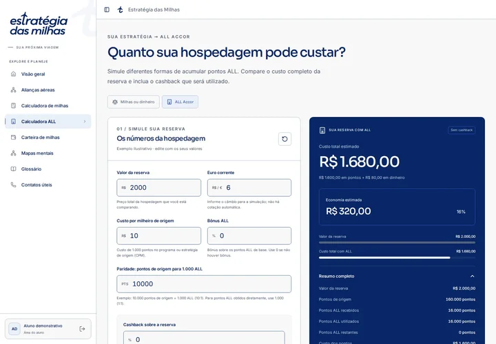 Calculadora ALL Accor da plataforma com uma simulação de conversão e uso de pontos para hospedagem.