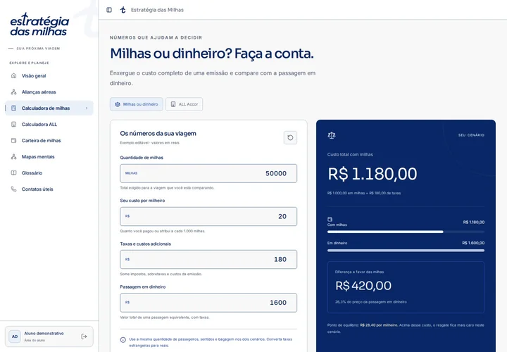 Calculadora de emissão da plataforma comparando dinheiro e milhas com valores demonstrativos.